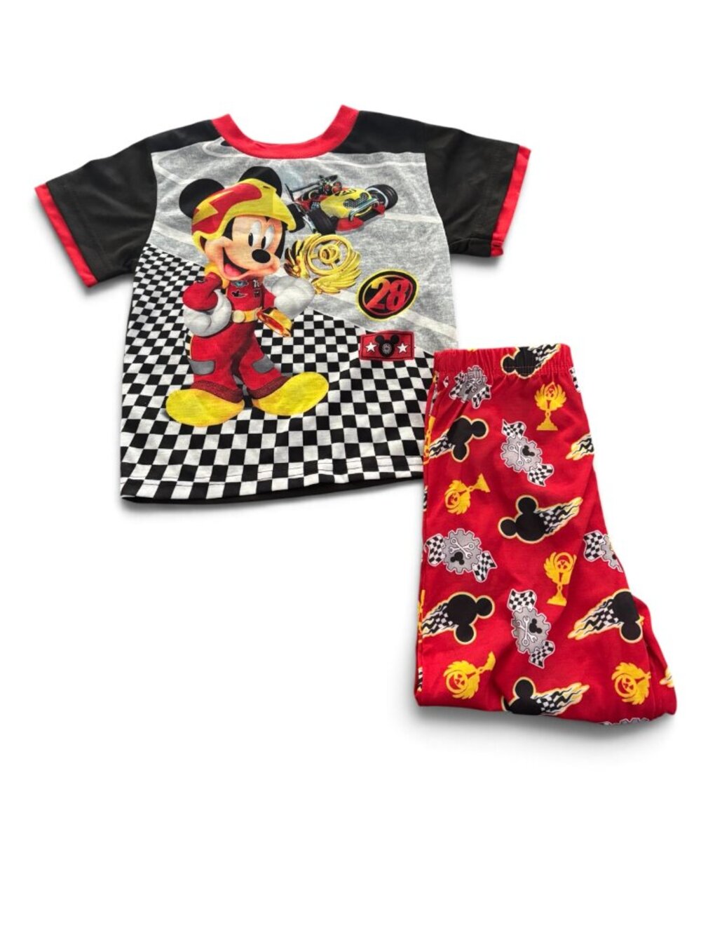 NWT Disney Mickey Mouse Roadster Racing 2-Piece Pajama Set Red Black Checkered
